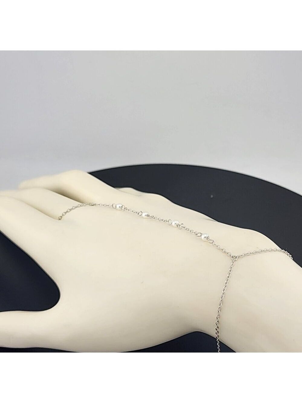 Sterling Silver 925 White Beaded Hand Bracelet with Ring - Picture 10 of 11
